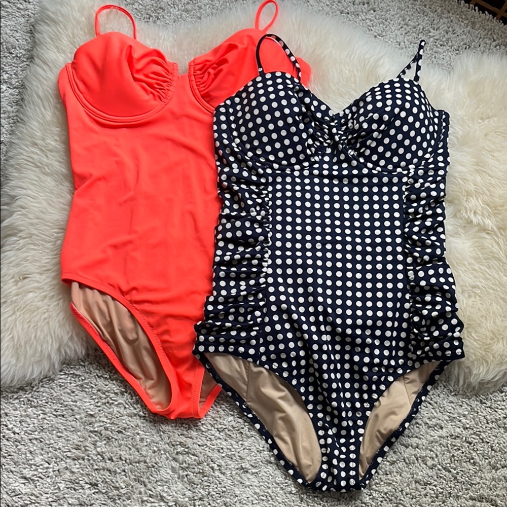 J Crew Navy Polka Dot and Coral One-Piece Swimsuits